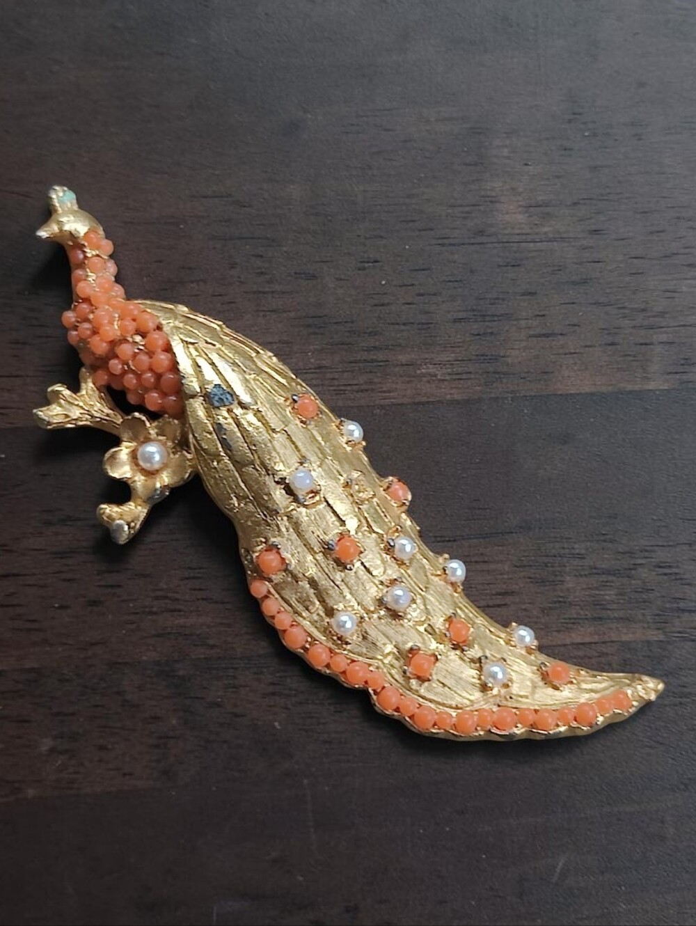 🦚 Gorgeous Vintage Coral Peacock Brooch
